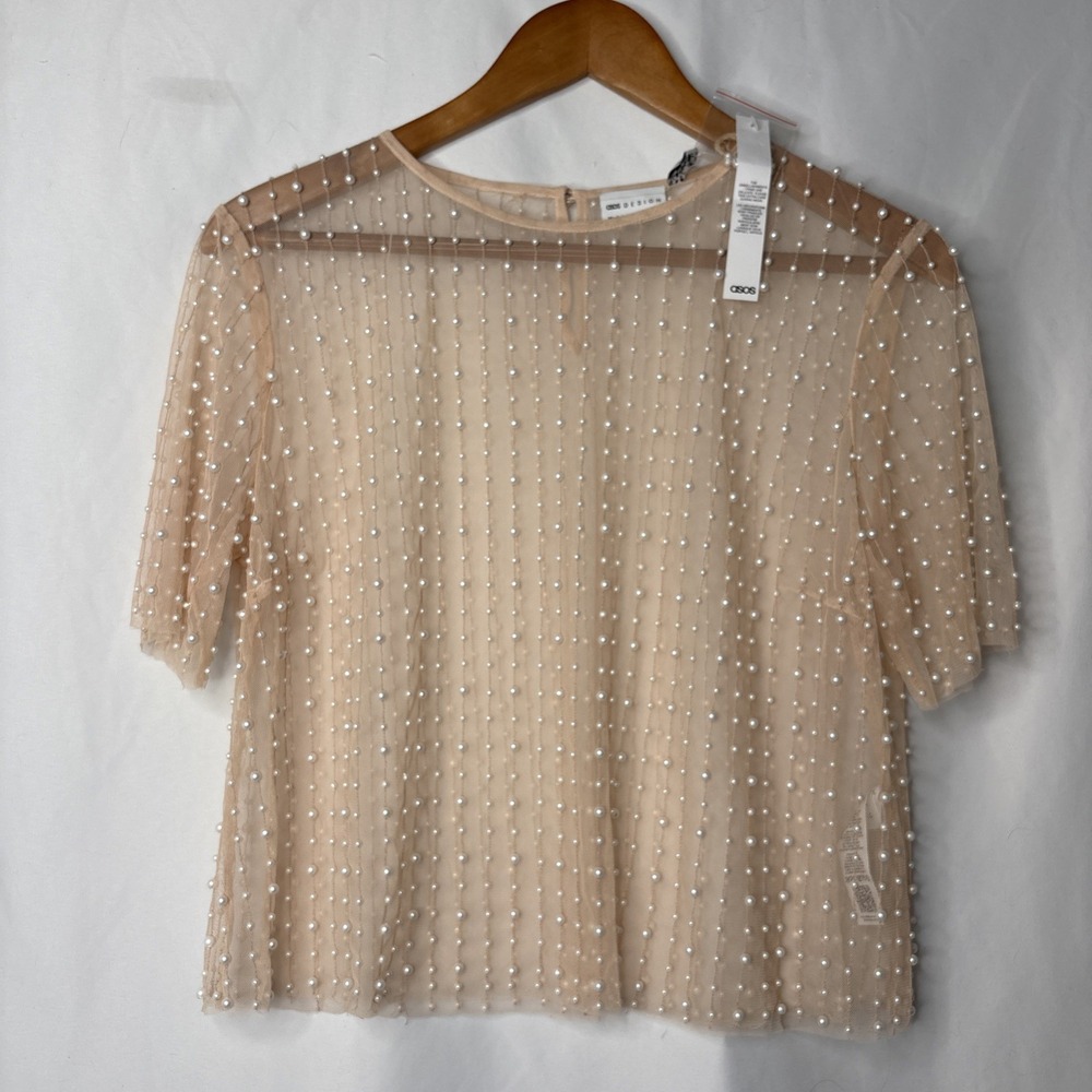 ASOS Design Pearl Embellished Peach Nude Sheer Mesh Top Size 8 NEW